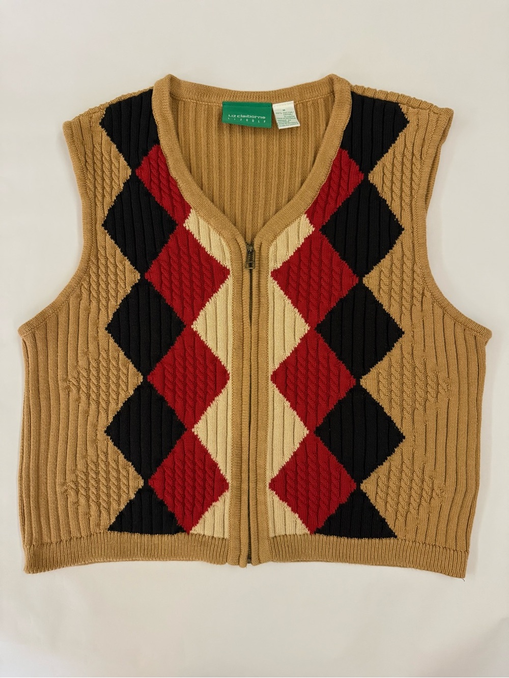 VTG 90s Liz Golf Claiborne Argyle Sweater Vest Medium Cotton Cable Knit Full Zip